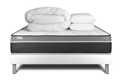 Pack lit complet 140x190 cm - Matelas + Sommier Blanc (en kit) + 2 oreillers + Couette - Vital Care