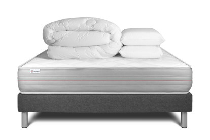 Pack lit complet 140x190 cm - Matelas + Sommier Gris (en kit) + 2 oreillers + Couette - Vitalmemo