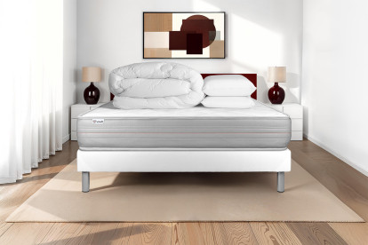 Pack lit complet 160x200 cm - Matelas + Sommier Blanc (en kit) + 2 oreillers + Couette - Vitalmemo