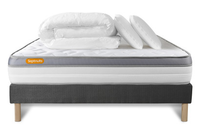 Pack lit complet 140x200 cm - Matelas + Sommier Gris + 2 oreillers + Couette - Memo Zen