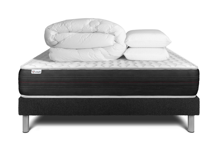 Pack lit complet 160x200 cm - Matelas + Sommier Noir (en kit) + 2 oreillers + Couette - Vitalspring