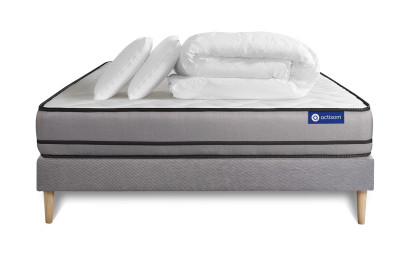 Pack lit complet 140x200 cm - Matelas + Sommier Gris (en kit) + 2 oreillers + Couette - Actimemo Night