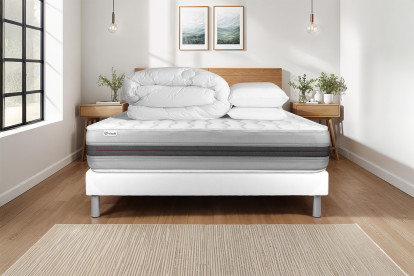 Pack lit complet 180x200 cm - Matelas + Sommier Blanc (en kit) + 2 oreillers + Couette - Vitalspring Recover
