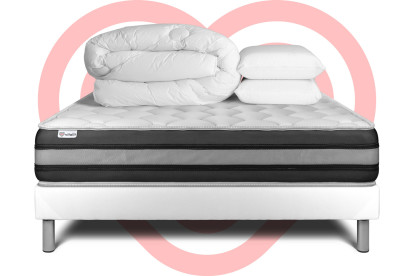 Pack lit complet 200x200 cm - Matelas + Sommier Blanc (en kit) + 2 oreillers + Couette - Vitalspring Zen
