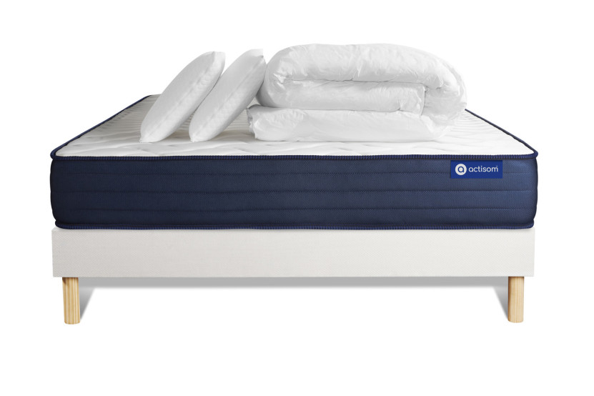 Pack lit complet 140x190 cm - Matelas + Sommier Blanc (en kit) + 2 oreillers + Couette - Actiflex Life