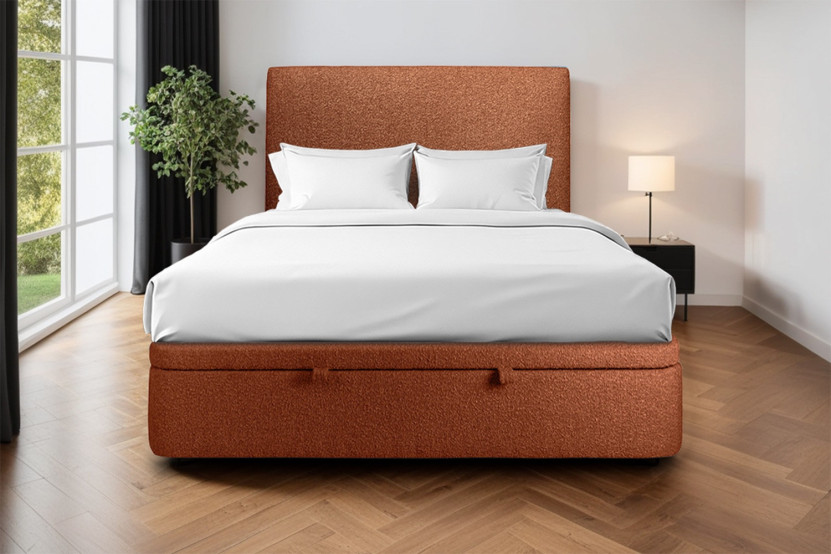 Lit coffre 200x200 cm avec Tête de lit tapissée - Tissu Bouclette
