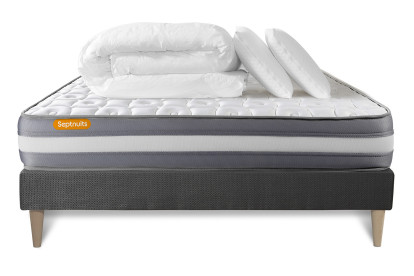 Pack lit complet 180x200 cm - Matelas + Sommier Gris (en kit) + 2 oreillers + Couette - Memo Plus