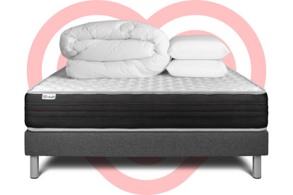 Pack lit complet 140x200 cm - Matelas + Sommier Gris (en kit) + 2 oreillers + Couette - Vitalmemo One