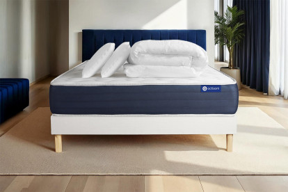 Pack lit complet 180x200 cm - Matelas + Sommier Blanc (en kit) + 2 oreillers + Couette - Actiflex Sleep
