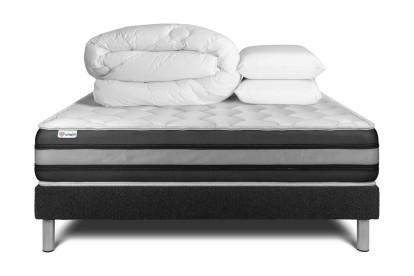 Pack lit complet 140x190 cm - Matelas + Sommier Noir (en kit) + 2 oreillers + Couette - Vitalspring Zen