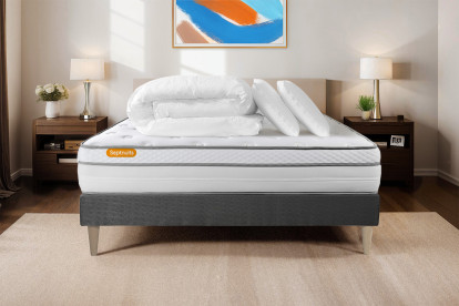 Pack lit complet 140x190 cm - Matelas + Sommier Gris + 2 oreillers + Couette - Memo Luxe