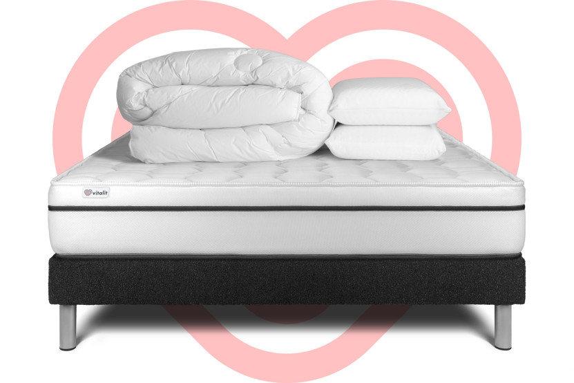 Pack lit complet 140x200 cm - Matelas + Sommier Noir (en kit) + 2 oreillers + Couette - Vital Spa