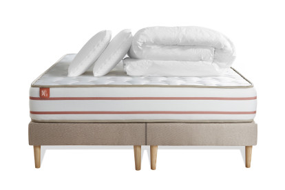 Pack lit complet 160x200 cm - Matelas + 2 Sommiers Beiges + 2 oreillers + Couette - Le Doux