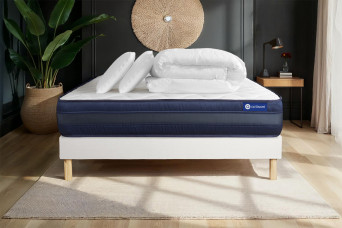 Pack lit complet 180x200 cm - Matelas + Sommier Blanc (en kit) + 2 oreillers + Couette - Actimemo Tech