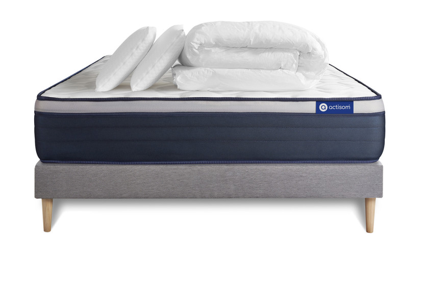 Pack lit complet 200x200 cm - Matelas + Sommier Gris (en kit) + 2 oreillers + Couette - Actiflex Max