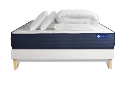 Pack lit complet 140x190 cm - Matelas + Sommier Blanc (en kit) + 2 oreillers + Couette - Actimemo Life