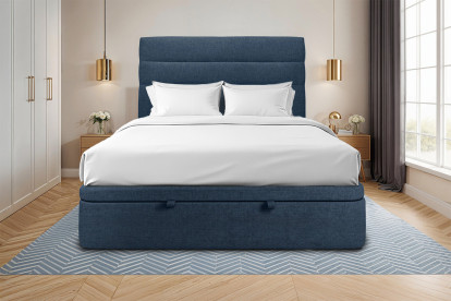 Lit coffre 140x200 cm avec Tête de lit à lignes - Tissu Toile natté Bleu Océan