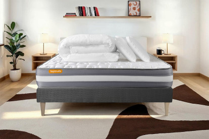 Pack lit complet 140x200 cm - Matelas + Sommier Gris + 2 oreillers + Couette - Memo Plus
