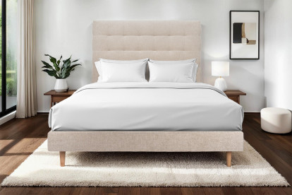 Lit 160x200 cm - Sommier tapissier H29 cm + tête de lit capitonnée - Tissu Toile natté Beige Brun
