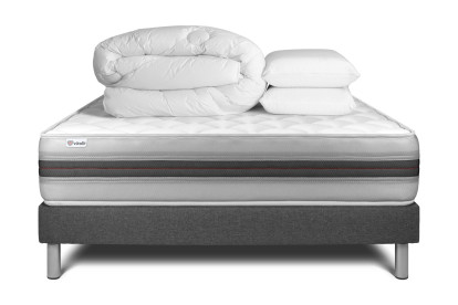 Pack lit complet 200x200 cm - Matelas + Sommier Gris (en kit) + 2 oreillers + Couette - Vitalmemo Back