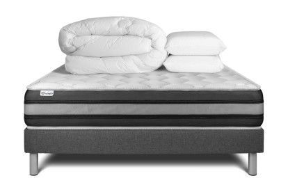 Pack lit complet 180x200 cm - Matelas + Sommier Gris (en kit) + 2 oreillers + Couette - Vitalspring Zen