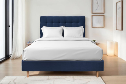 Lit 160x200 cm - Sommier tapissier H35 cm + tête de lit capitonnée - Tissu Velours Bleu Océan