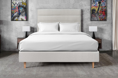 Lit 140x200 cm - Sommier tapissier H35 cm + tête de lit à lignes - Tissu Velours Gris Clair