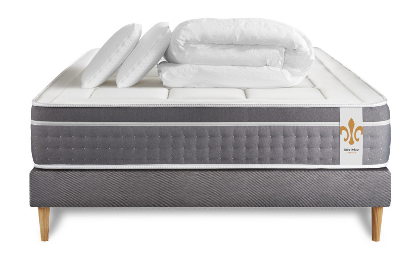 Pack lit complet 140x190 cm - Matelas + Sommier Gris (en kit) + 2 oreillers + Couette - Trente