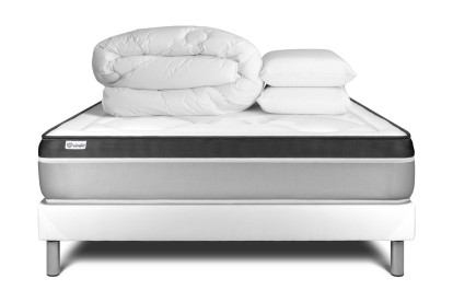 Pack lit complet 180x200 cm - Matelas + Sommier Blanc (en kit) + 2 oreillers + Couette - Vital Ergo
