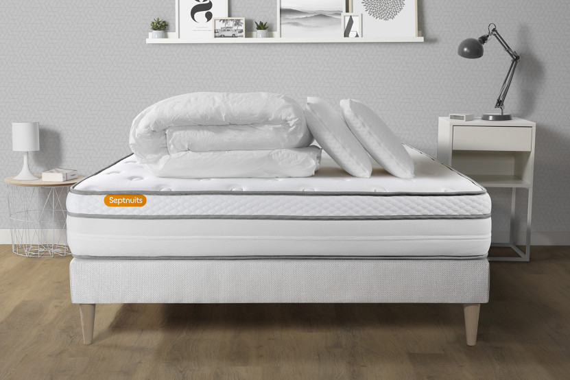 Pack lit complet 140x190 cm - Matelas + Sommier Blanc (en kit) + 2 oreillers + Couette - Memo Luxe