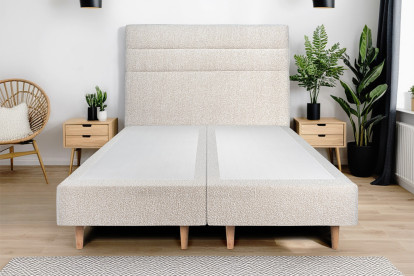 Lit 2x 90x200 cm - Sommier tapissier H35 cm + tête de lit à lignes - Tissu Bouclette Beige Clair