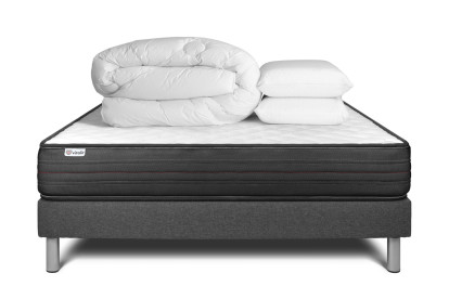 Pack lit complet 180x200 cm - Matelas + Sommier Gris (en kit) + 2 oreillers + Couette - Vitalpower