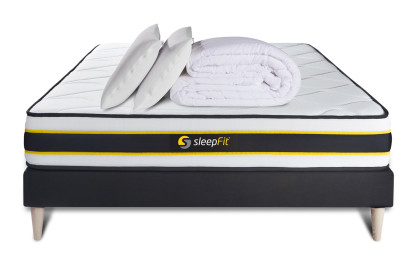 Pack lit complet 140x190 cm - Matelas + Sommier Noir + 2 oreillers + Couette - Flexy