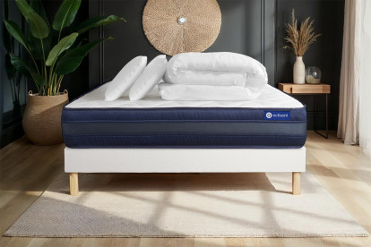 Pack lit complet 140x190 cm - Matelas + Sommier Blanc (en kit) + 2 oreillers + Couette - Actiflex Tech