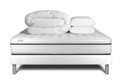 Pack lit complet 180x200 cm - Matelas + Sommier Blanc (en kit) + 2 oreillers + Couette - Vital Spa