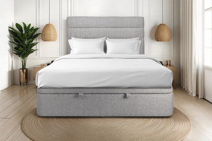 Lit coffre 140x200 cm avec Tête de lit à lignes - Tissu Bouclette Gris
