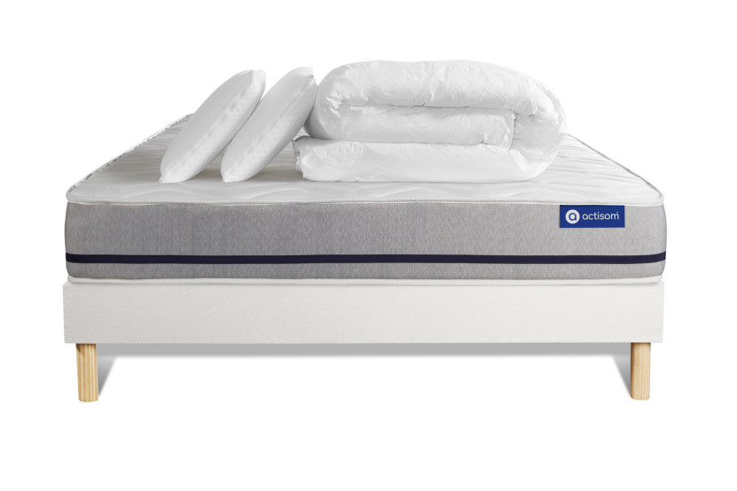 Pack lit complet 140x190 cm - Matelas + Sommier Blanc (en kit) + 2 oreillers + Couette - Actilatex Soft