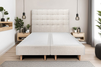 Lit 2x 80x200 cm - Sommier tapissier H35 cm + tête de lit capitonnée - Tissu Bouclette Beige Clair