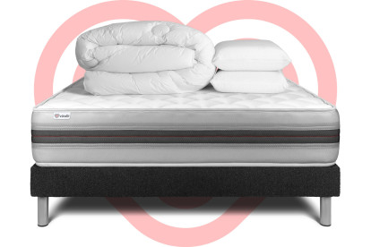 Pack lit complet 160x200 cm - Matelas + Sommier Noir (en kit) + 2 oreillers + Couette - Vitalmemo Back