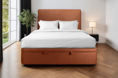 Lit coffre 160x200 cm avec Tête de lit tapissée - Tissu Bouclette Terracotta