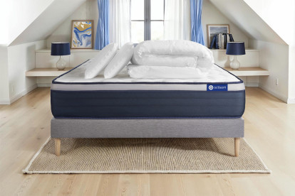 Pack lit complet 140x190 cm - Matelas + Sommier Gris (en kit) + 2 oreillers + Couette - Actilatex Max