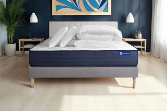 Pack lit complet 180x200 cm - Matelas + Sommier Gris (en kit) + 2 oreillers + Couette - Actiflex Life