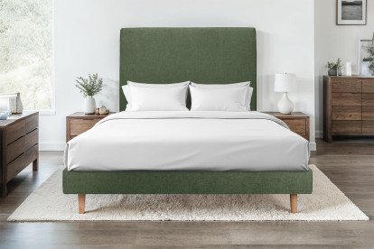 Lit 200x200 cm - Sommier à lattes H29 cm + tête de lit tapissée - Tissu Toile natté Vert Kaki