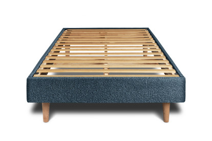 Lit 90x190 cm - Sommier à lattes H29 cm + tête de lit à lignes - Tissu Bouclette Bleu