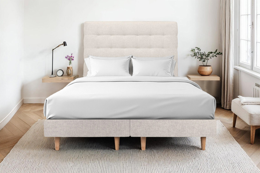 Lit 2x100x200 cm avec Tête de lit capitonnée - Tissu Toile natté
