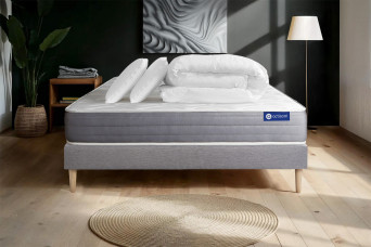 Pack lit complet 140x200 cm - Matelas + Sommier Gris (en kit) + 2 oreillers + Couette - Actimemo Dream