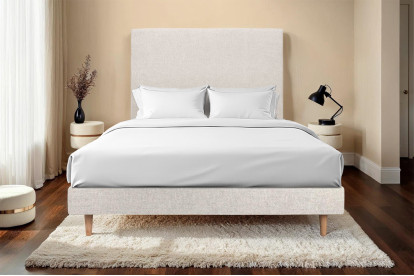 Lit 160x200 cm - Sommier à lattes H29 cm + tête de lit tapissée - Tissu Toile natté Beige Clair