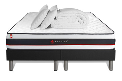 Pack lit complet 160x200 cm - Matelas + 2 Sommiers noirs + 2 oreillers + Couette - Form
