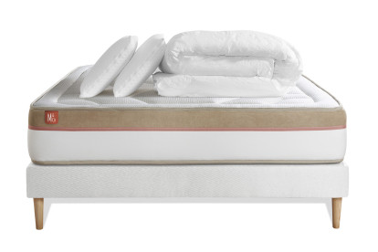 Pack lit complet 180x200 cm - Matelas + Sommier Blanc (en kit) + 2 oreillers + Couette - Le Cosy