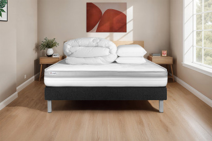 Pack lit complet 140x190 cm - Matelas + Sommier Noir (en kit) + 2 oreillers + Couette - Vital Relax